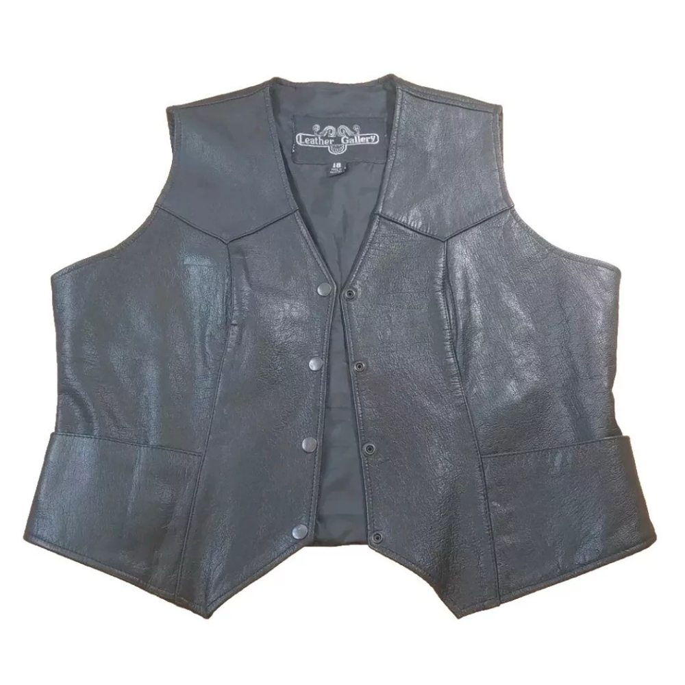 Leather Gallery Biker Vest Jacket Woman Plus 18W Vintage Punk Black Snap Front